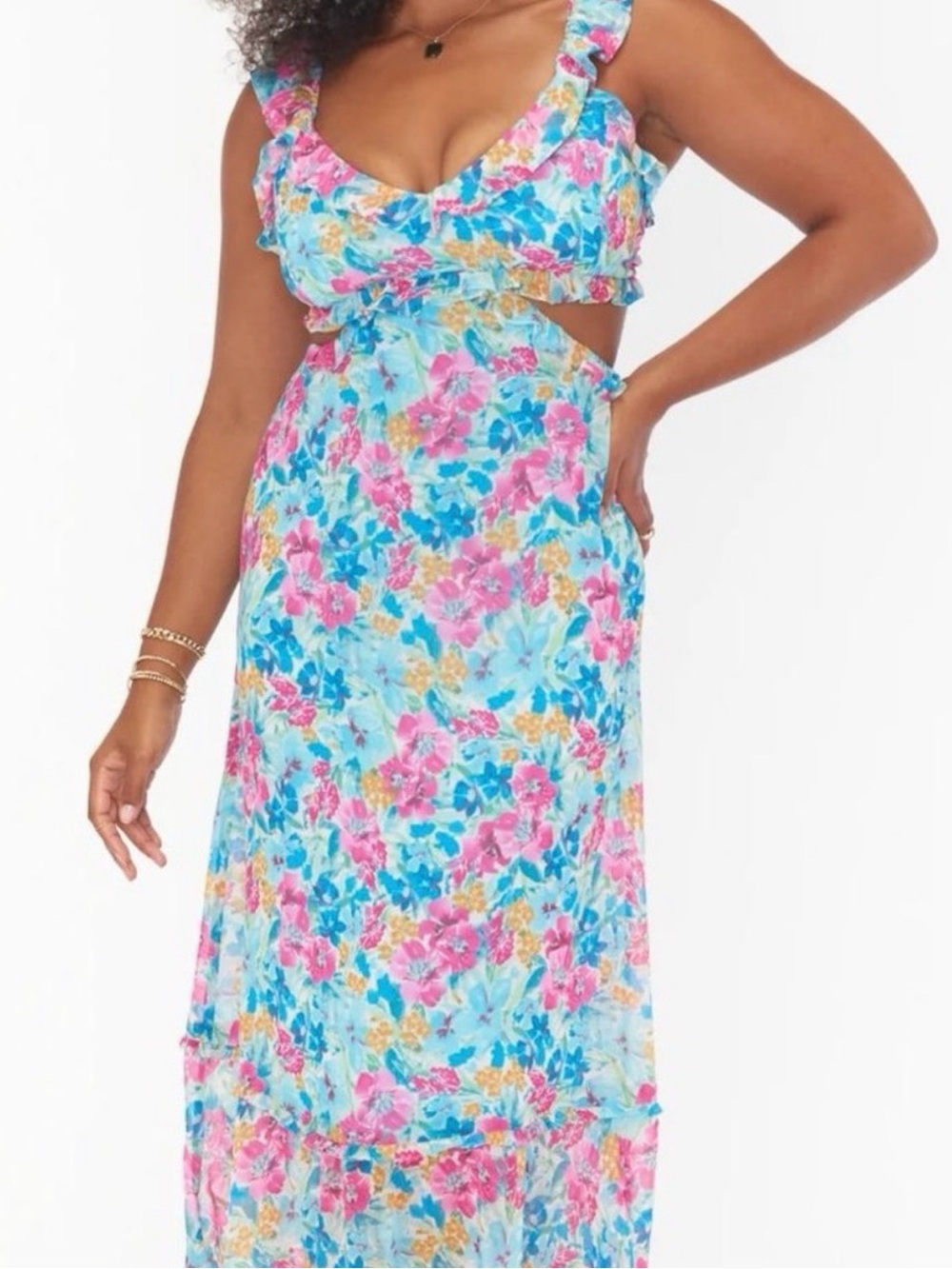 Show Me Your MuMu Aqua Blue Floral Midi Dress with Pink & Yellow Blooms